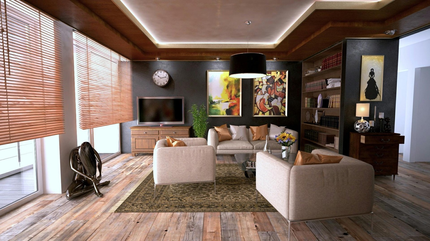 Styled living room with warm lighting and decor